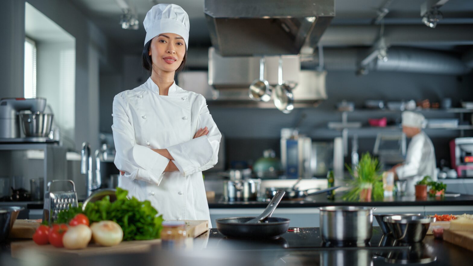 Modern,Kitchen,Restaurant:,Portrait,Of,Asian,Female,Chef,,Crossing,Arms